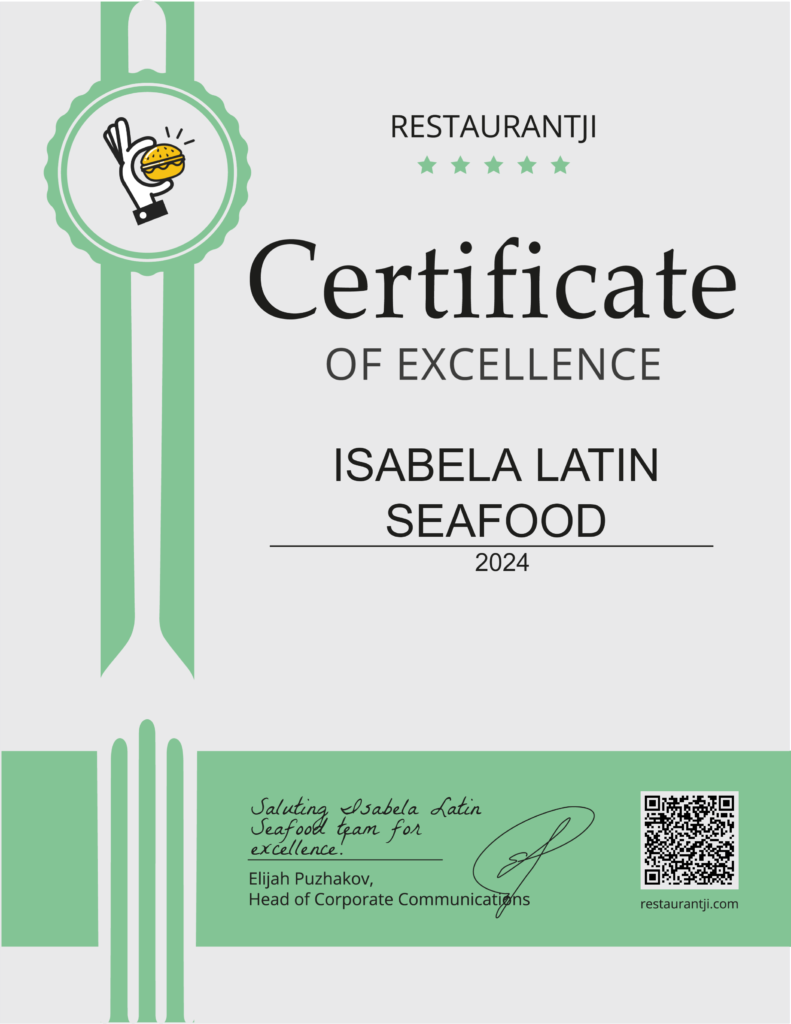 Isabela Latin Seafood Certificate of Excellence